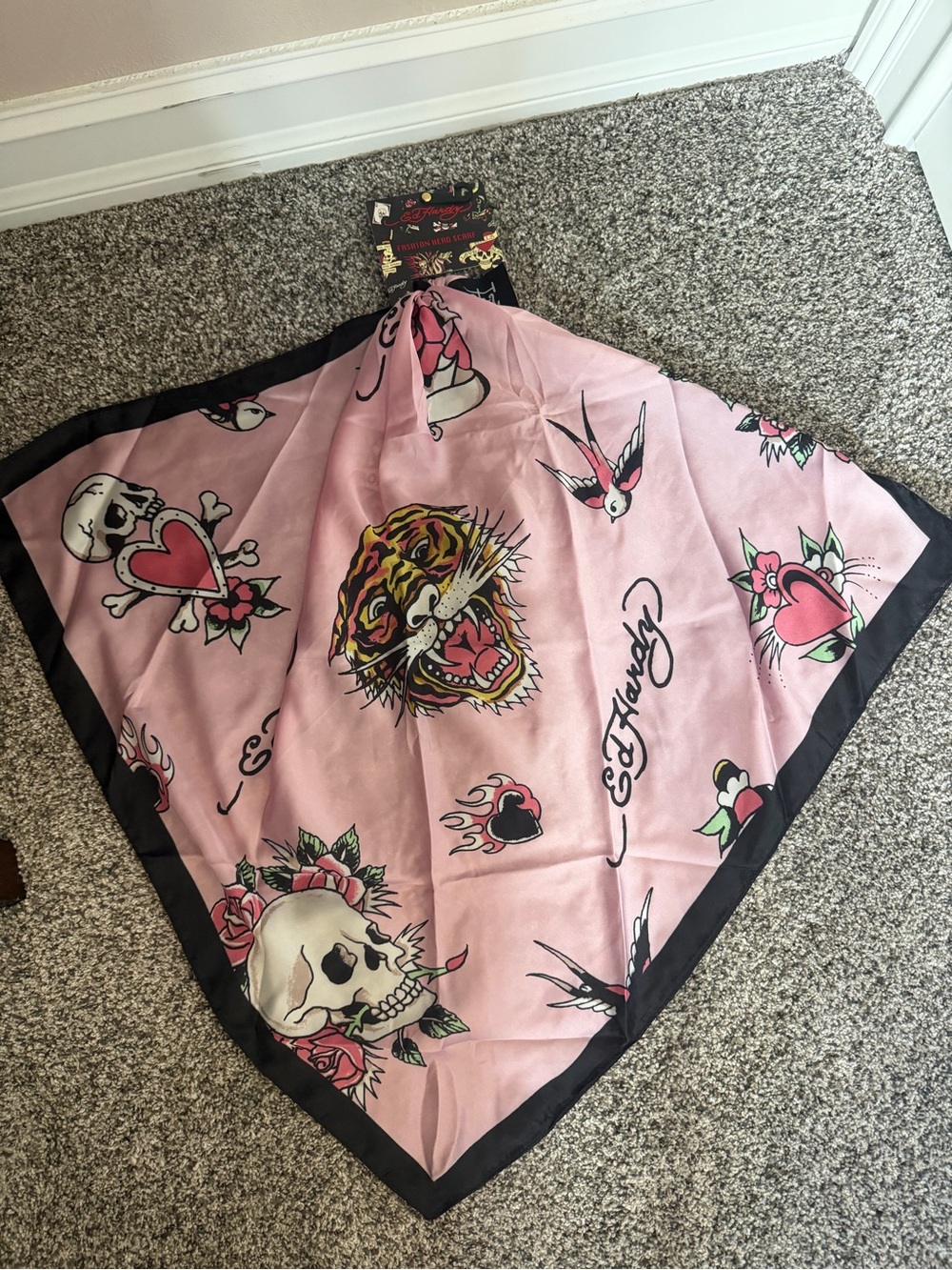 Ed Hardy Pink and Black Tattoo-Print Silk Head Scarf